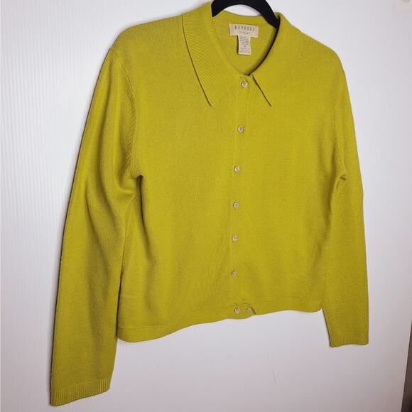 Vintage 90s Express Tricot Collar Cardigan Sweater Boxy Chartreuse Medium Grunge - Picture 2 of 10